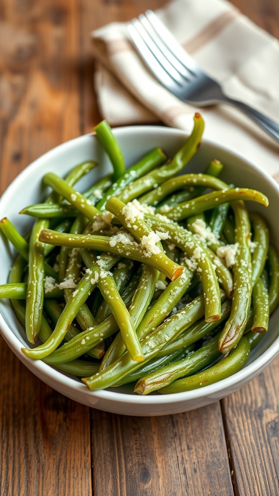 Crispy air-fried string beans garnished with Parmesan cheese on a rustic wooden table.